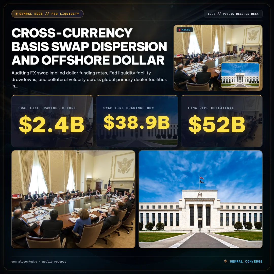Cross-Currency Basis Swap Dispersion and Offshore Dollar Liquidity Strain Across Primary Dealer Facilities