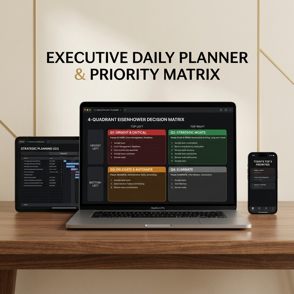 Executive Daily Planner & Priority Matrix — CEO 14h Schedule & Flat Org Operating System