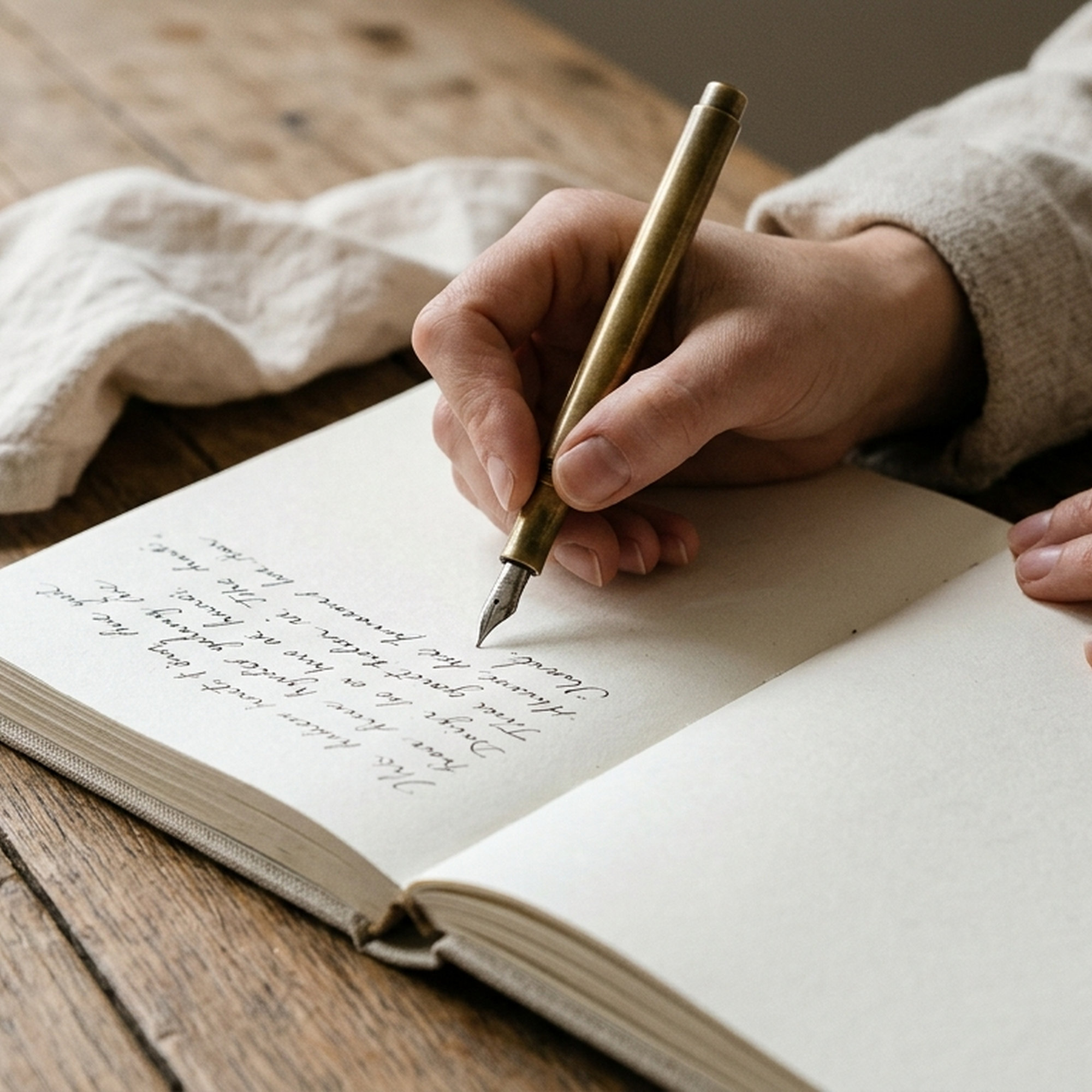 Hands carefully writing focused affirmations in a personal journal beside a warm cup of herbal tea
