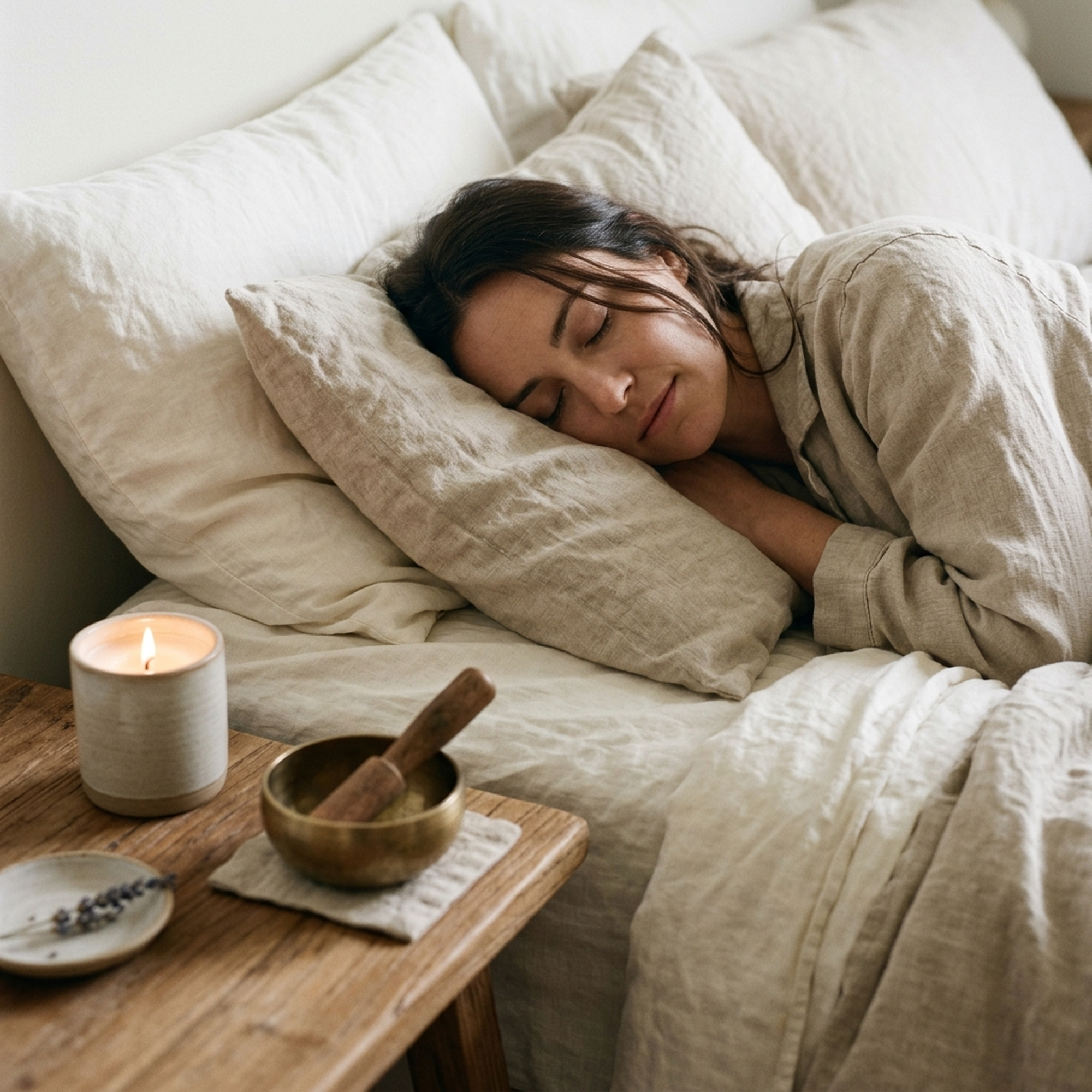 Close-up photograph of a calm mindful individual resting peacefully with headphones during an evening acoustic frequency session