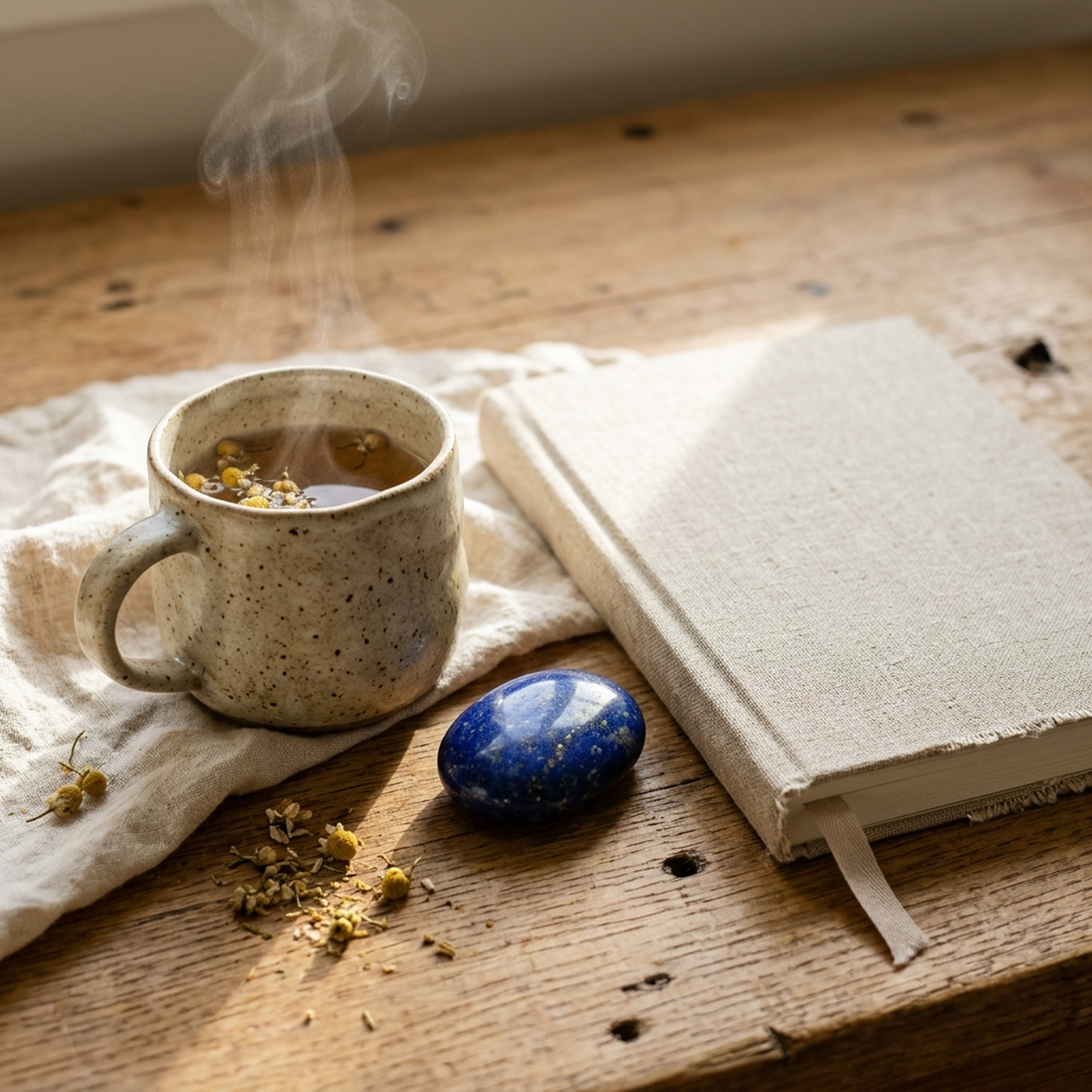 Detailed close-up of a handcrafted ceramic tea bowl, blue lapis lazuli stone, and handwritten reflections on textured cotton paper in warm morning light