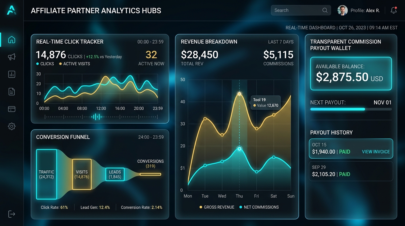 Giao diện dashboard theo dõi lưu lượng truy cập và hoa hồng đối tác theo thời gian thực