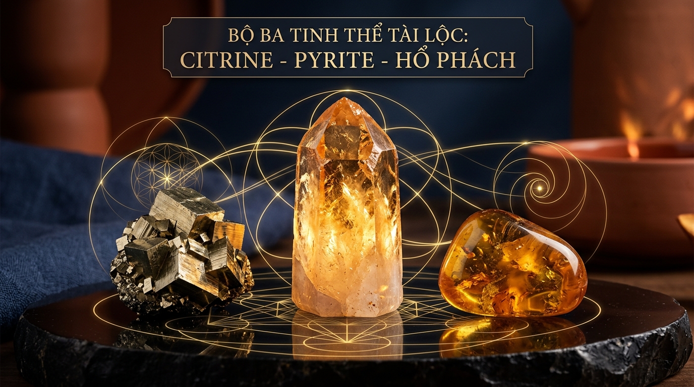 Bộ ba tinh thể tài lộc Citrine, Pyrite và Hổ Phách trên bàn làm việc