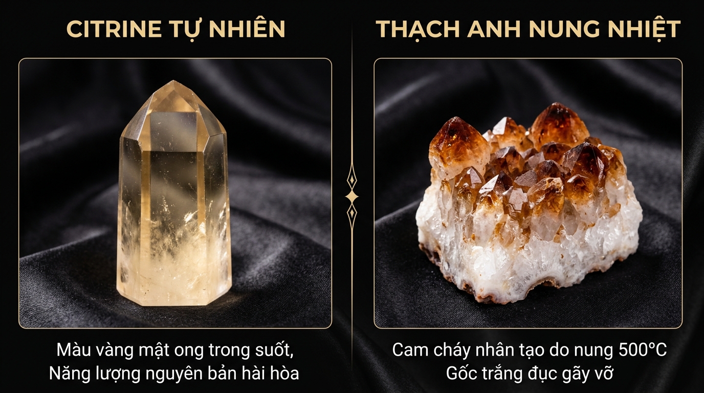 So sánh Thạch anh vàng tự nhiên và thạch anh nung nhiệt