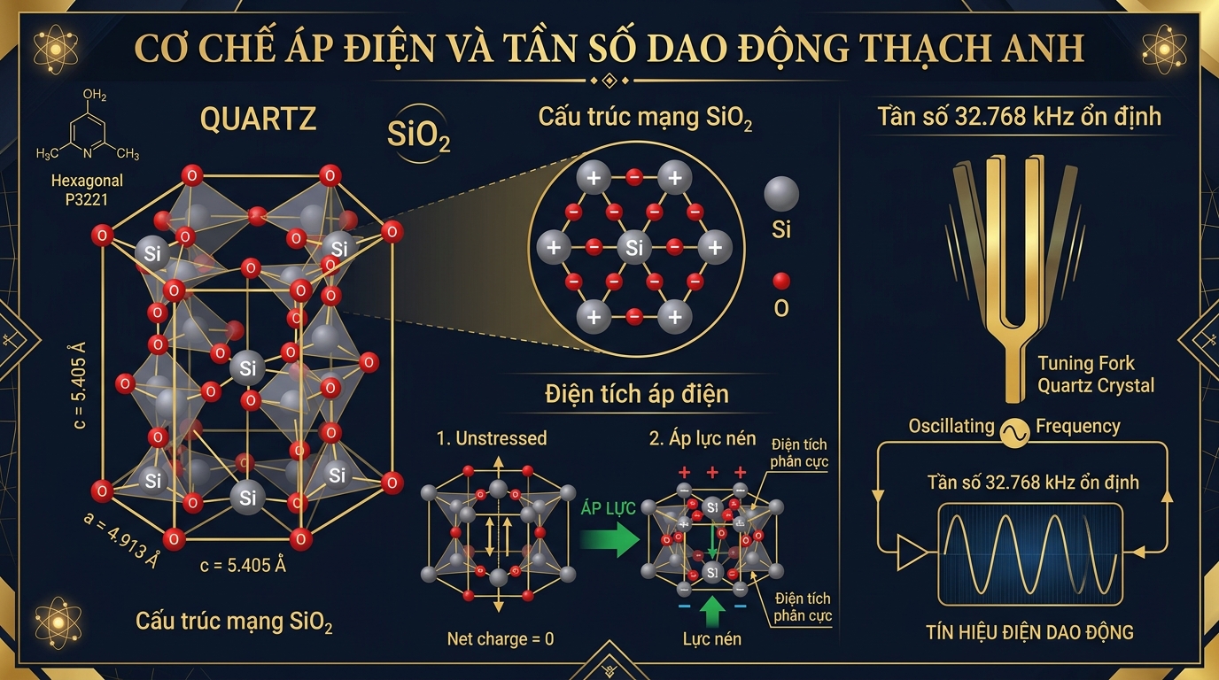 Sơ đồ cơ chế áp điện của thạch anh SiO2