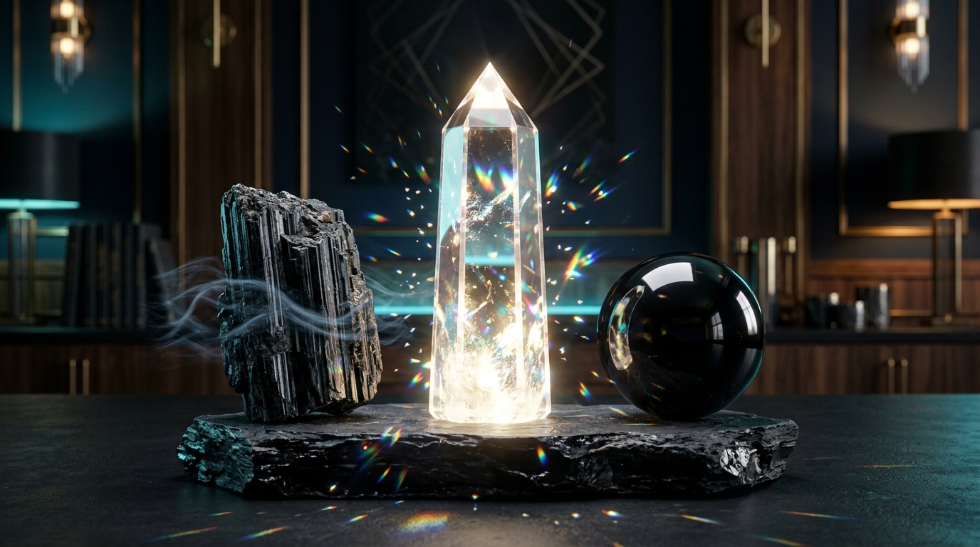 Bộ ba tinh thể thanh lọc và bảo vệ thạch anh trắng tourmaline đen và obsidian trên bàn làm việc