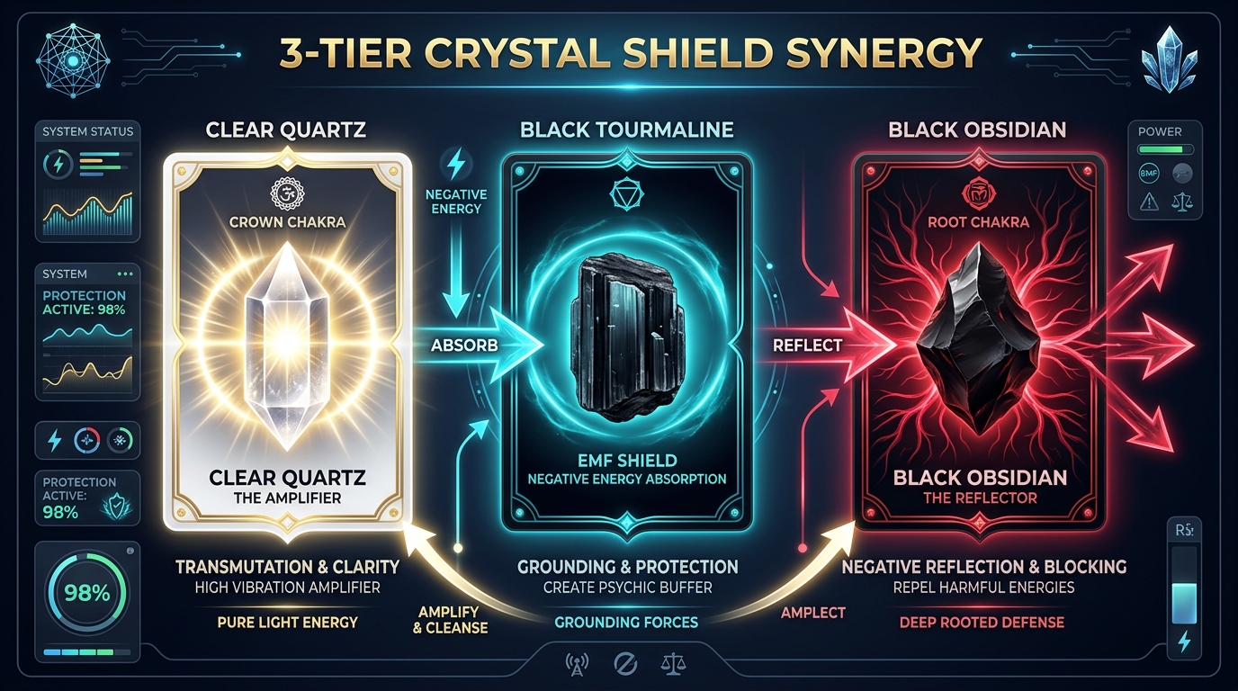 Infographic ma trận phối hợp 3 tầng năng lượng giữa Thạch Anh Trắng Tourmaline Đen và Obsidian