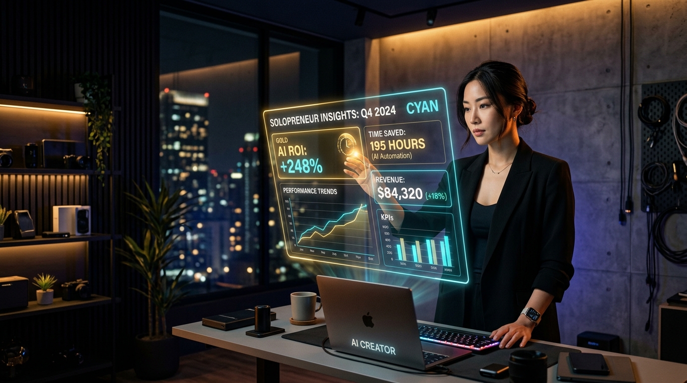 Doanh nhân độc lập solopreneur phân tích bảng điều khiển đo lường chỉ số ROI và hiệu suất thời gian tiết kiệm từ AI