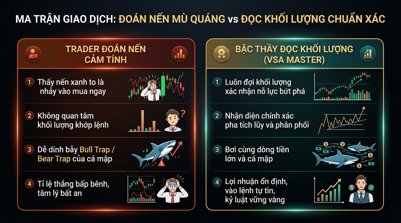 Ma trận so sánh đoán nến mù quáng và đọc khối lượng chuẩn xác
