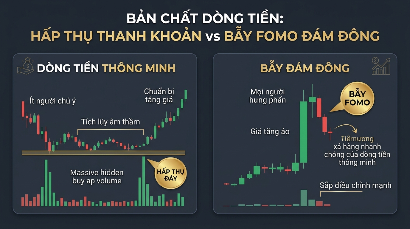Bản chất dòng tiền thông minh hấp thụ đáy so với bẫy đám đông