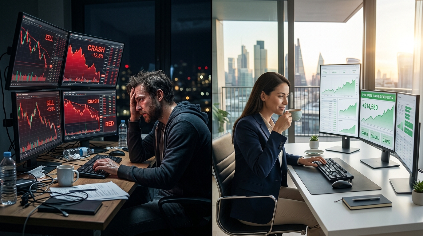 So sánh đối lập giữa hai nhà giao dịch: Một người kiệt quệ trong sợ hãi vs Một người tĩnh lặng thành công