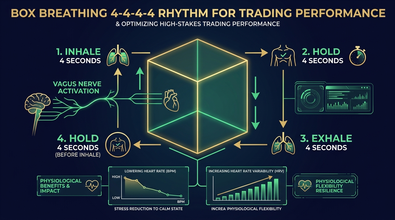 Infographic kỹ thuật thở hộp Box Breathing 4-4-4-4 dành cho nhà giao dịch tài chính
