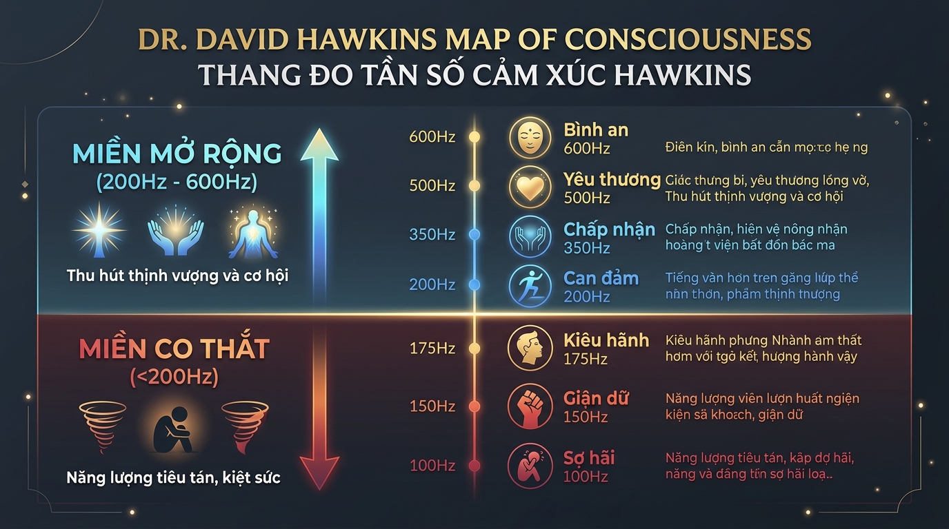 Thang đo Tần số Cảm xúc Hawkins: Miền Co Thắt vs Miền Mở Rộng