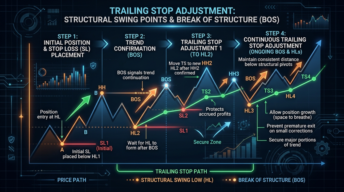 Sơ đồ kỹ thuật dời điểm dừng lỗ Trailing Stop theo từng đỉnh đáy cấu trúc và phá vỡ cấu trúc BOS