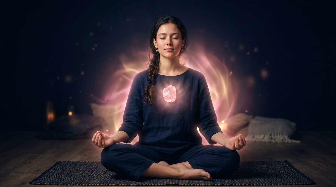 Tư thế thiền định đặt viên Thạch Anh Hồng lên trung tâm luân xa tim để hòa hợp dòng chảy năng lượng