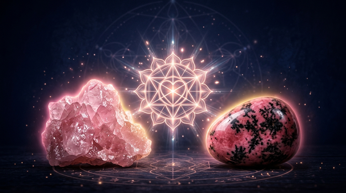 Bộ đôi tinh thể Thạch Anh Hồng và Rhodonite tỏa sáng năng lượng chữa lành luân xa tim