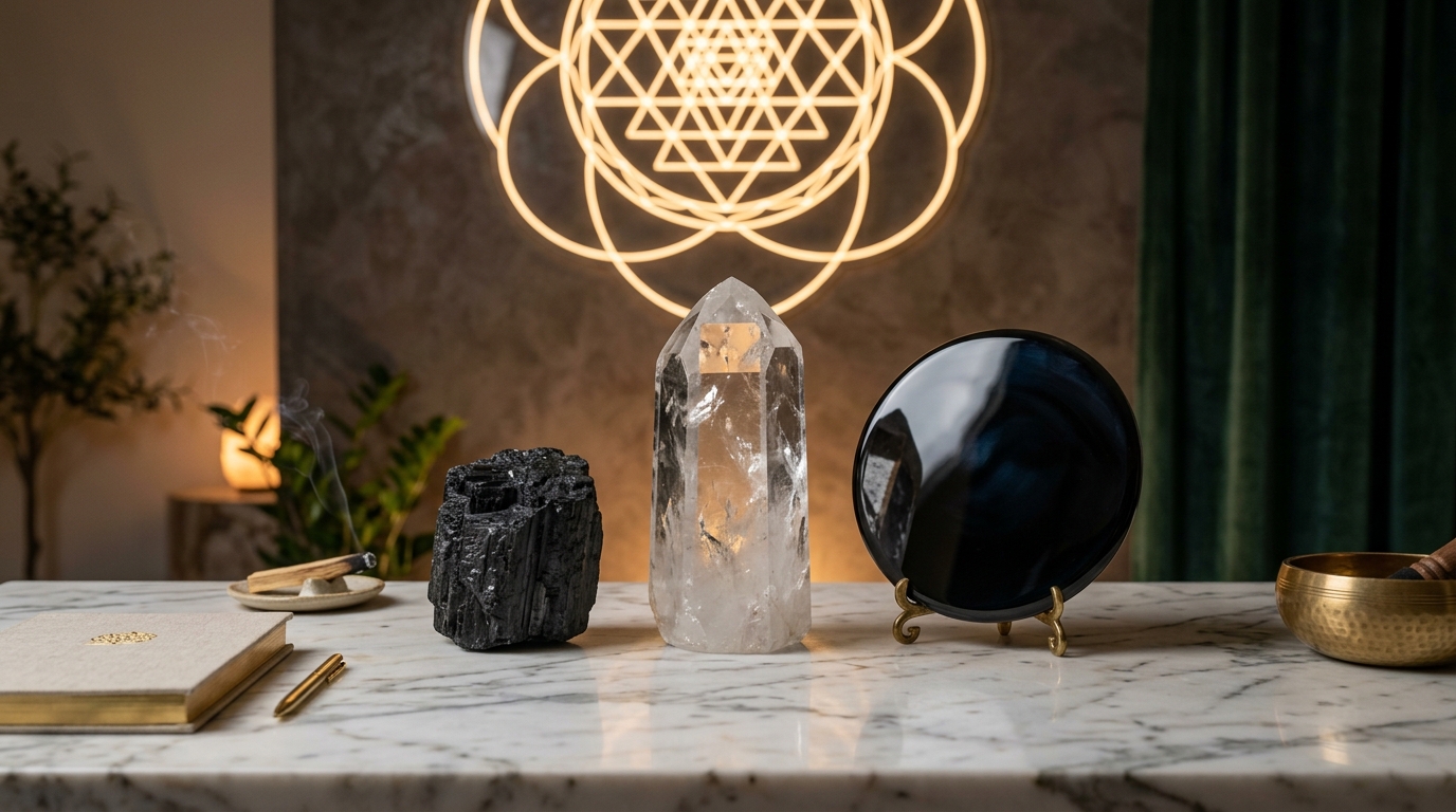 Không Gian Năng Lượng Tinh Thể Thạch Anh Trắng, Tourmaline Đen và Obsidian