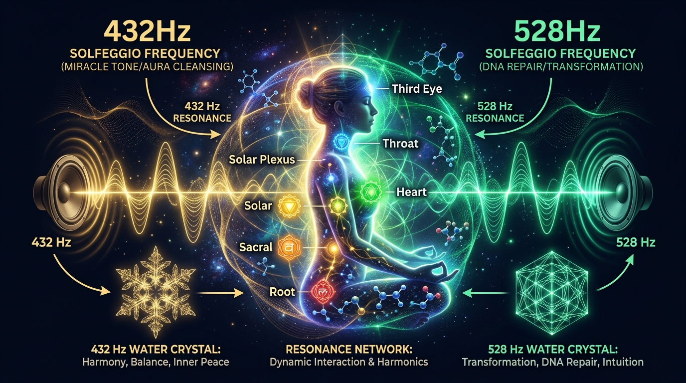 Mô phỏng hình học cấu trúc tinh thể nước và mạng lưới cộng hưởng sóng Solfeggio 432Hz và 528Hz trong cơ thể