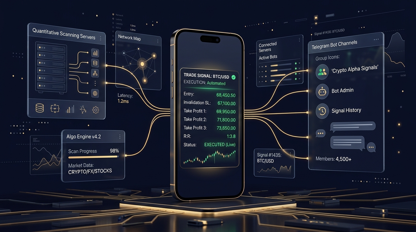 Giao diện hệ sinh thái cảnh báo tự động thông minh của GEM Scanner đồng bộ Telegram và App di động