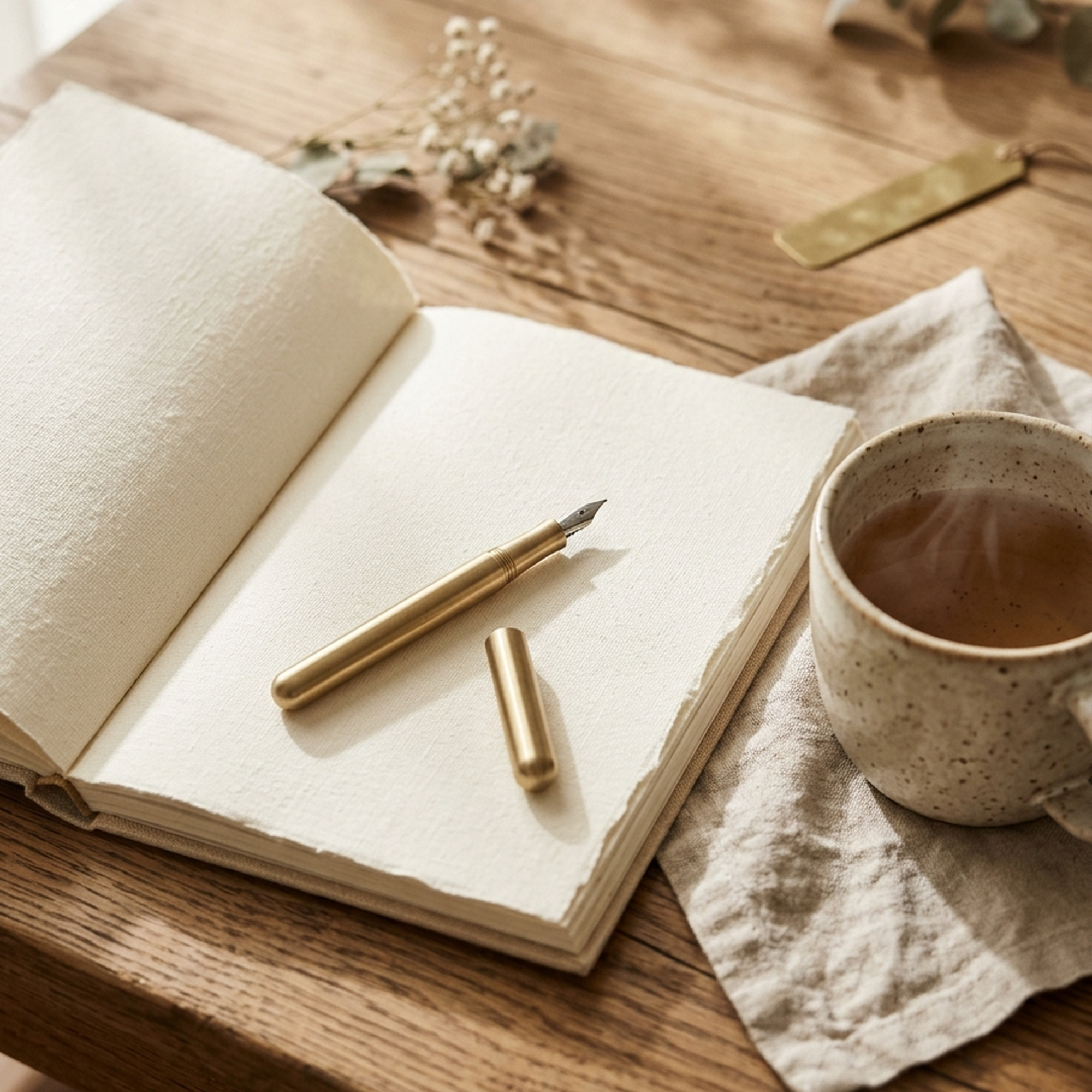 Aesthetic notebook calculation of soul urge number with brass fountain pen on linen table