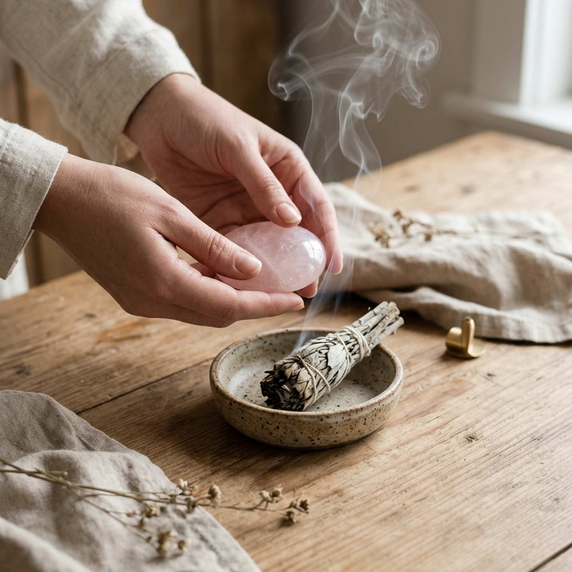 Mindful hands holding a polished smooth rose quartz palm stone over aromatic cleansing smoke of white sage in ceramic bowl