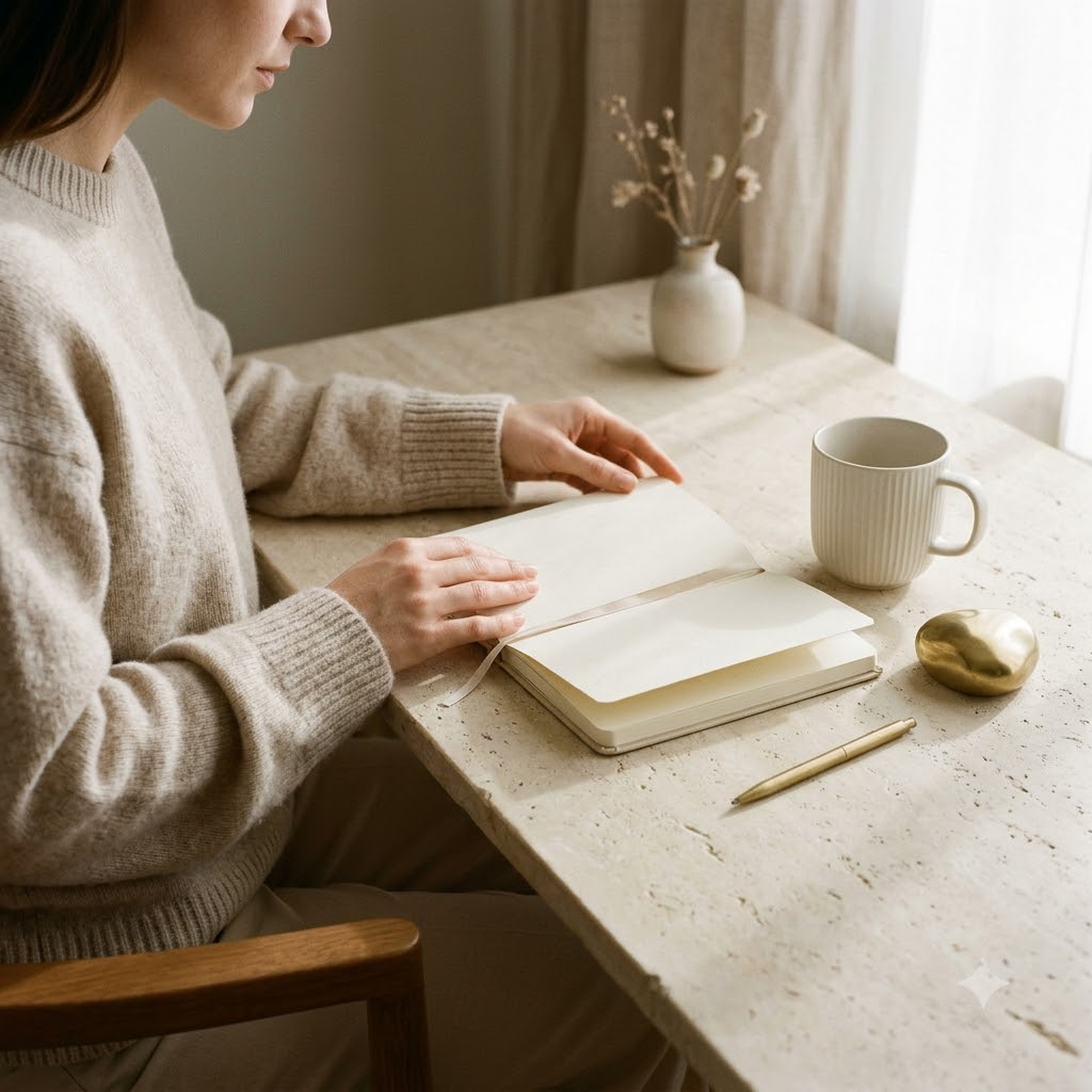 Aesthetic serene desk setup with a tactile habit tracker journal, ceramic mug, and mindful planning workspace