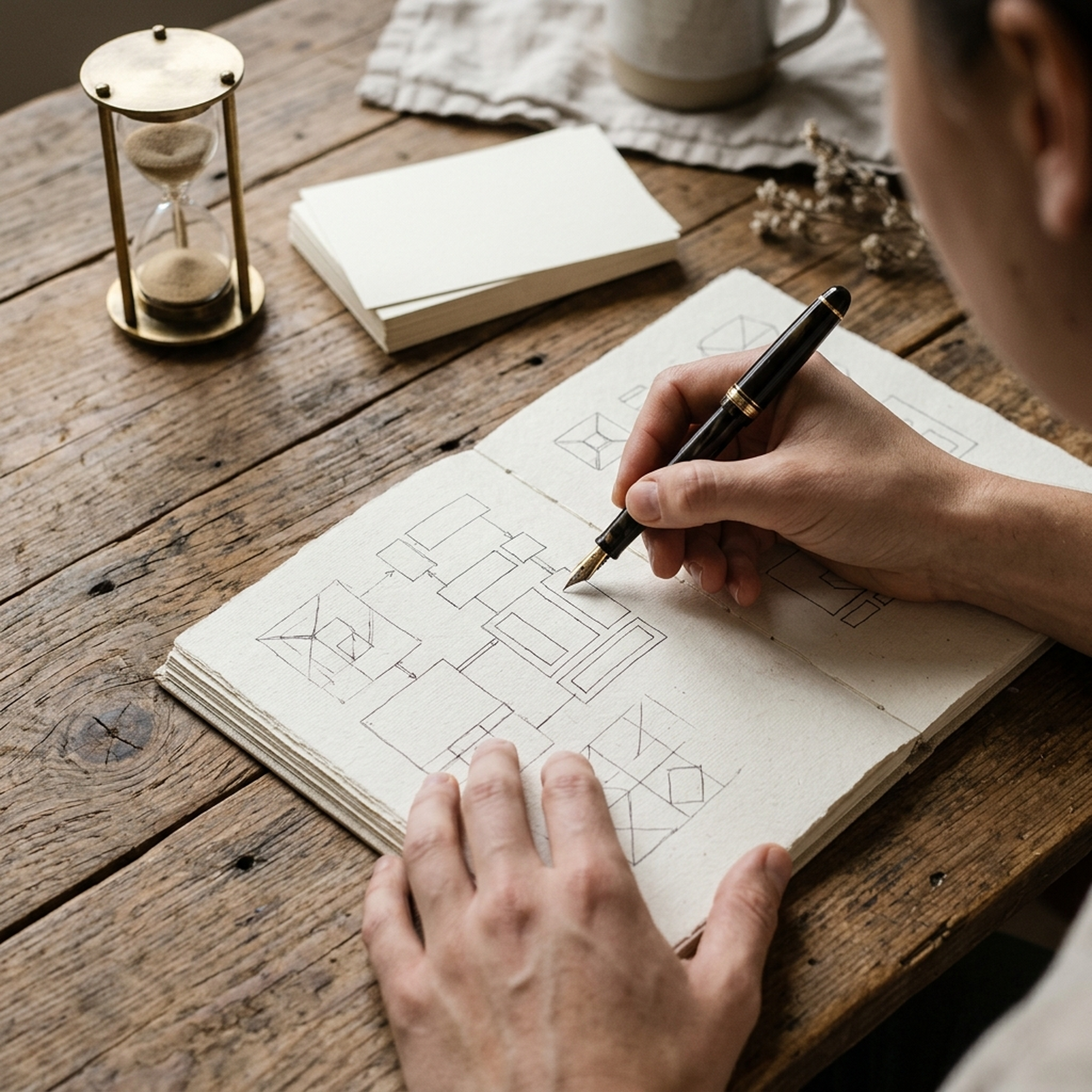 Close-up of a clean wooden desk with a ceramic coffee mug, fountain pen, and a structured physical planner outlining weekly content themes