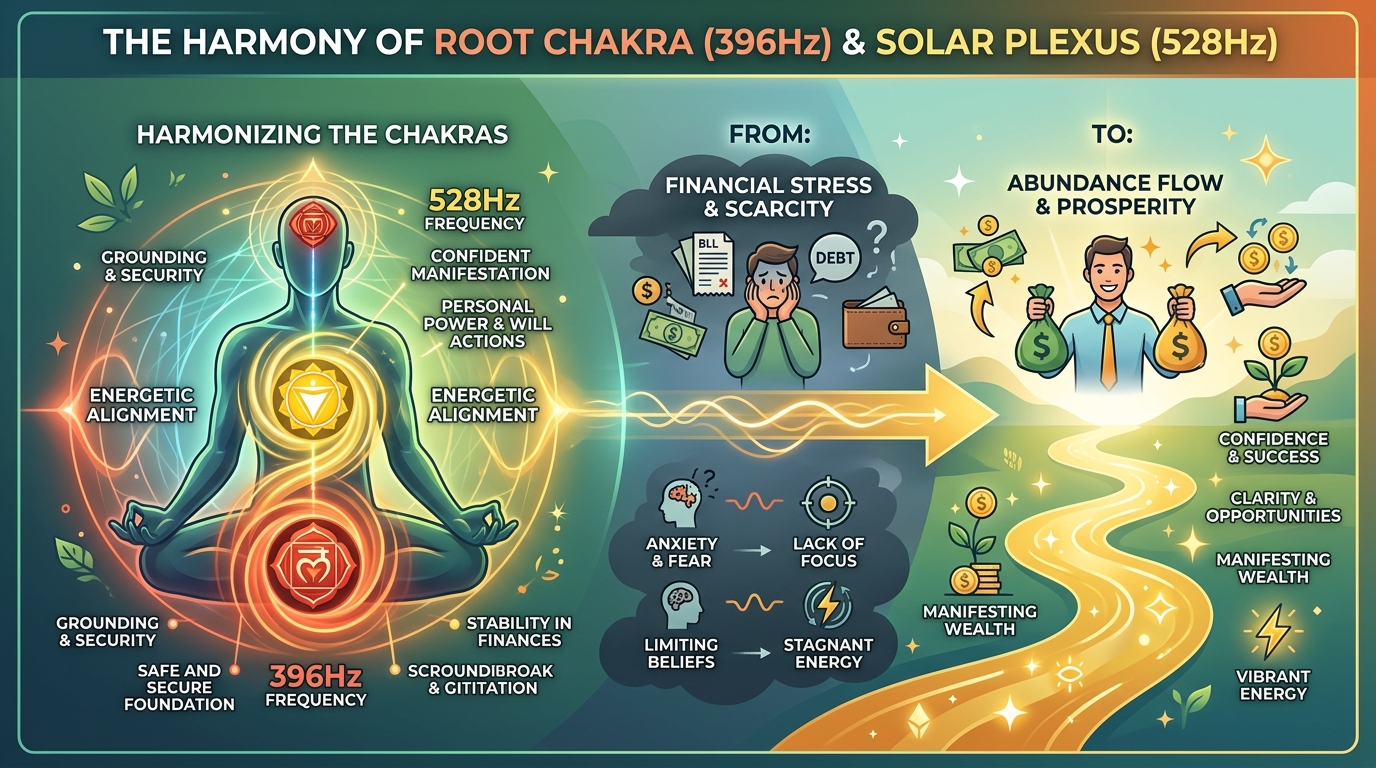 Infographic minh họa sự hài hòa giữa tần số 396Hz Luân Xa Gốc và 528Hz Luân Xa Tùng Thái Dương biến đổi áp lực tài chính thành dòng chảy thịnh vượng
