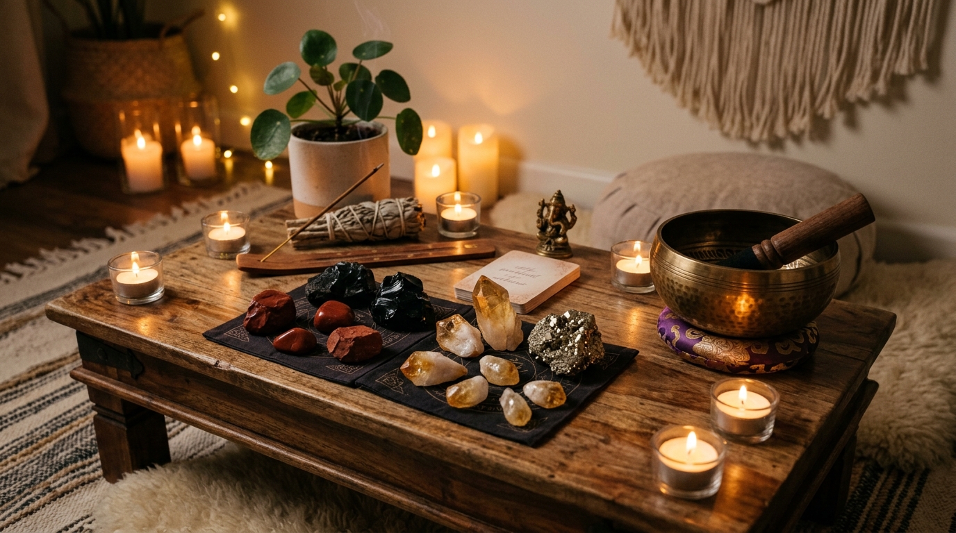 Bàn trà thiền định với các tinh thể phong thủy Jasper đỏ, Citrine và chuông xoay thanh lọc năng lượng
