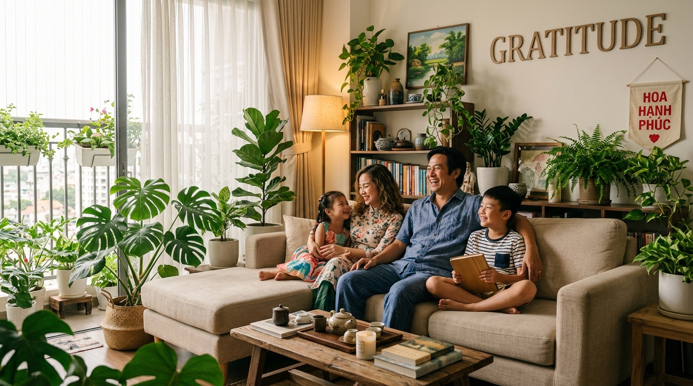 Gia đình hạnh phúc sum vầy trong không gian sống tràn đầy năng lượng tích cực và sự thịnh vượng viên mãn
