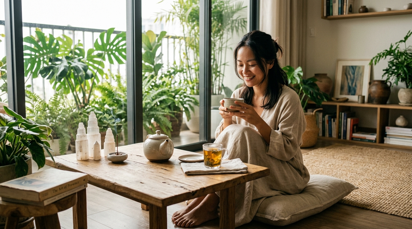 Jennie Uyên Chu thảnh thơi thưởng trà bên góc thiền định tràn ngập ánh sáng và tinh thể năng lượng