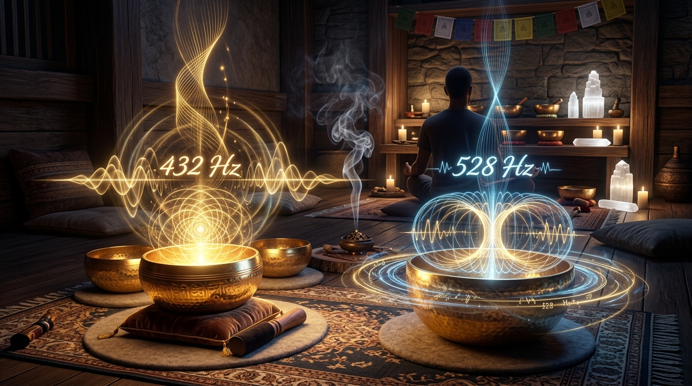 Sóng âm thanh tần số Solfeggio 432Hz và 528Hz lan tỏa chữa lành trường năng lượng trong phòng thiền