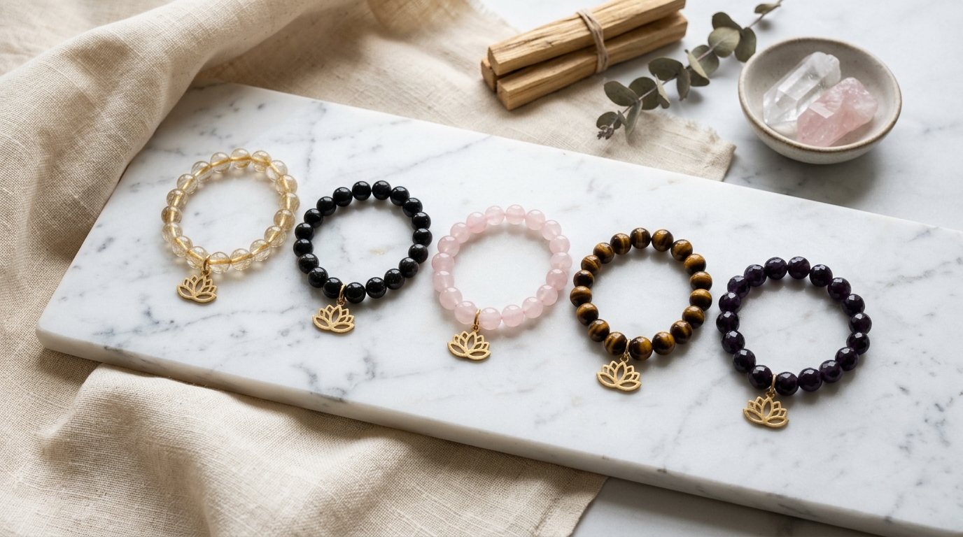 Bộ sưu tập vòng tay đá tự nhiên gồm Thạch Anh Tóc Vàng, Tourmaline Đen, Thạch Anh Hồng, Mắt Hổ và Thạch Anh Tím