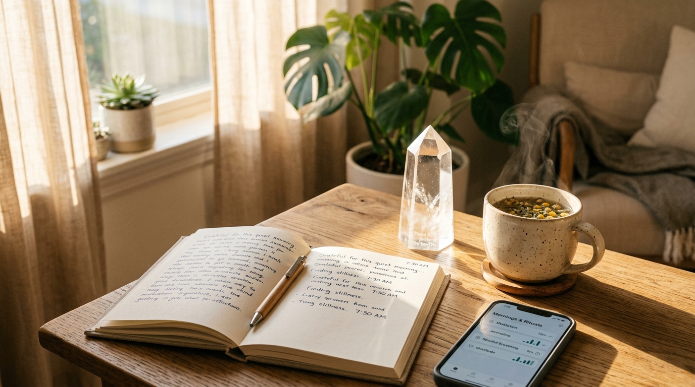 Không gian nghi thức buổi sáng với sổ tay, tinh thể Thiên Băng Trụ và ứng dụng Gemral Smart Journal