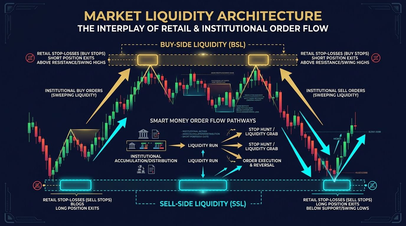 Sơ đồ kiến trúc thanh khoản thị trường Buy-Side Liquidity và Sell-Side Liquidity