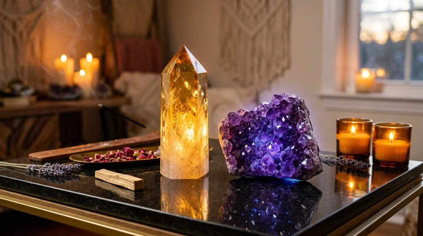 Vật phẩm tinh thể Hoàng Kim Trụ Citrine và Dạ Thiên Thạch trợ lực nâng cao tần số