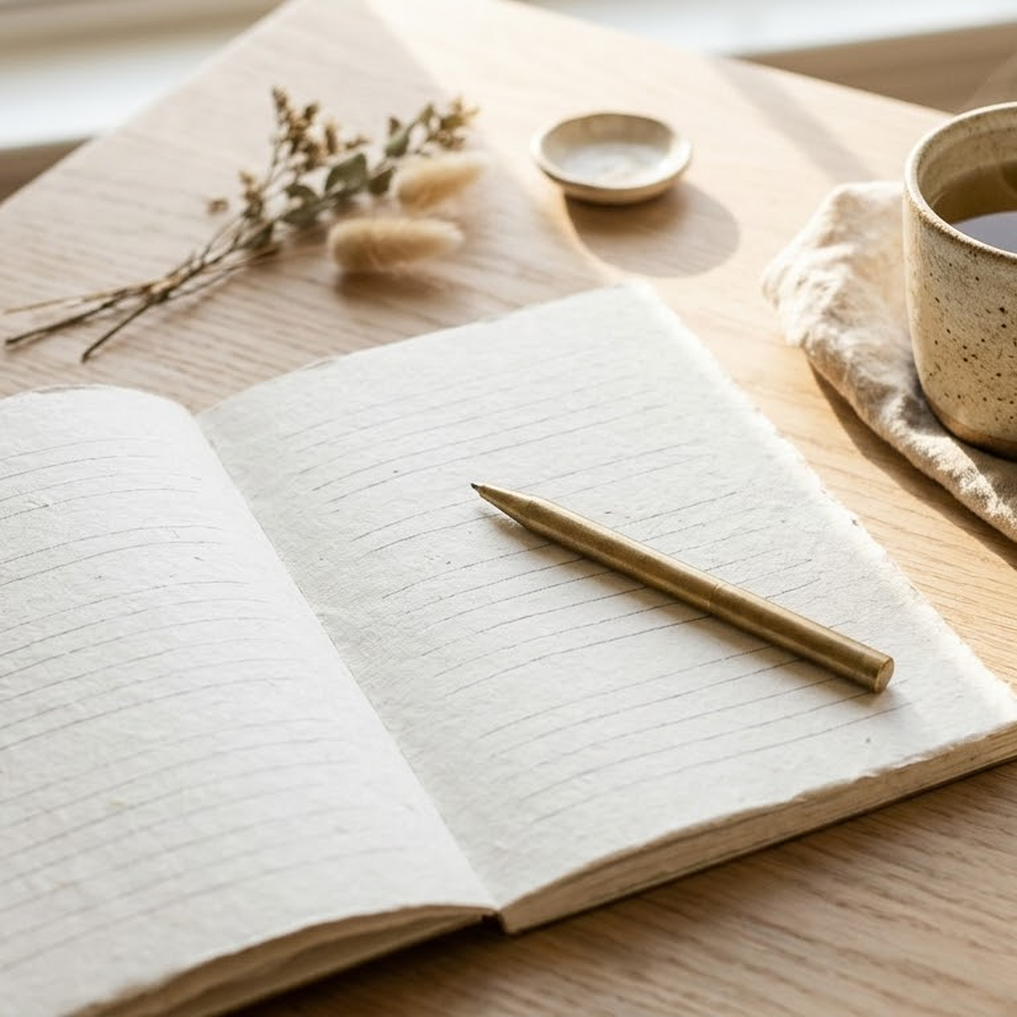 Tactile flat-lay scene of an open notebook, brass pen, and tea for lucky girl syndrome affirmations practice