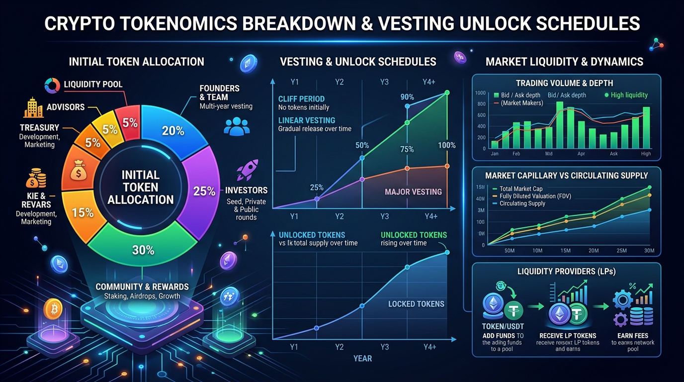 Biểu đồ phân tích tử huyệt Tokenomics lịch mở khóa vách đá và lạm phát nguồn cung