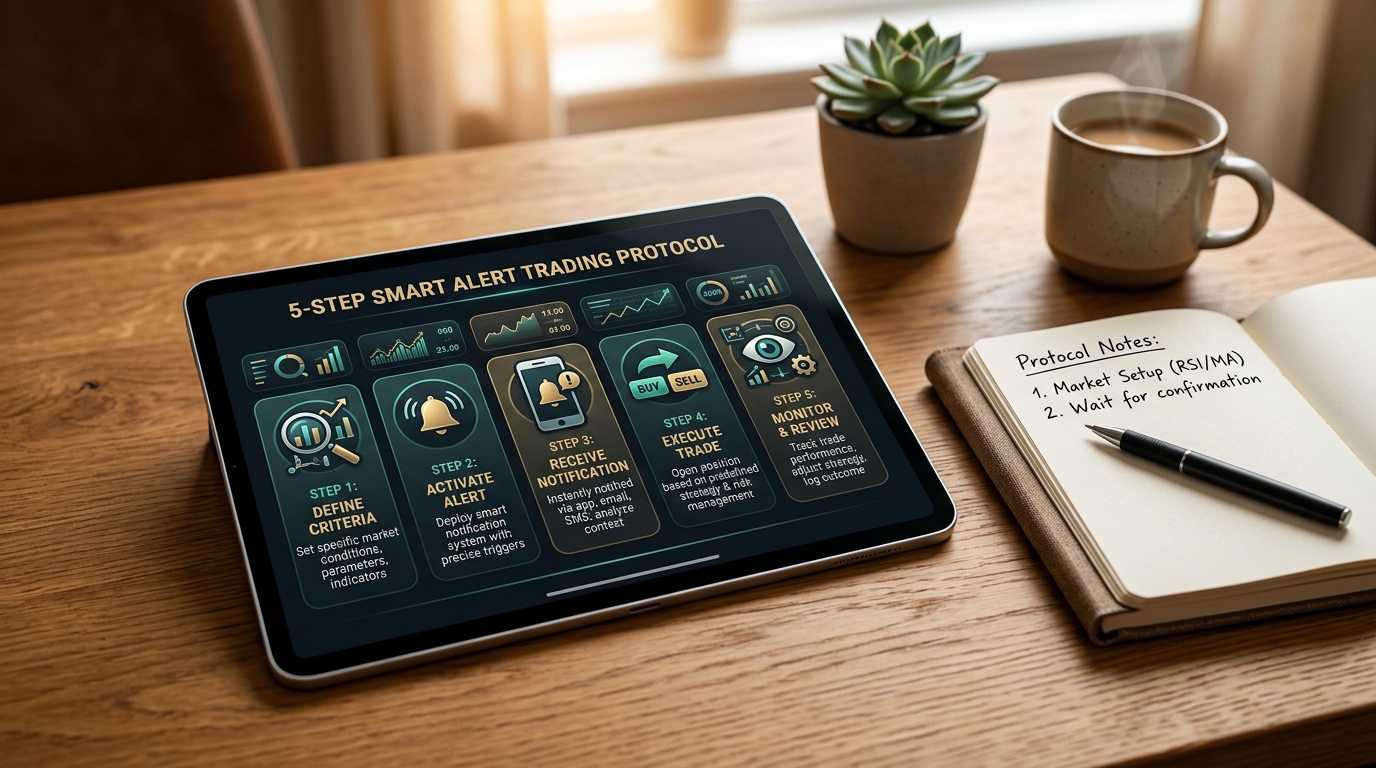 Infographic quy trình 5 bước thiết lập hệ thống cảnh báo giao dịch thông minh