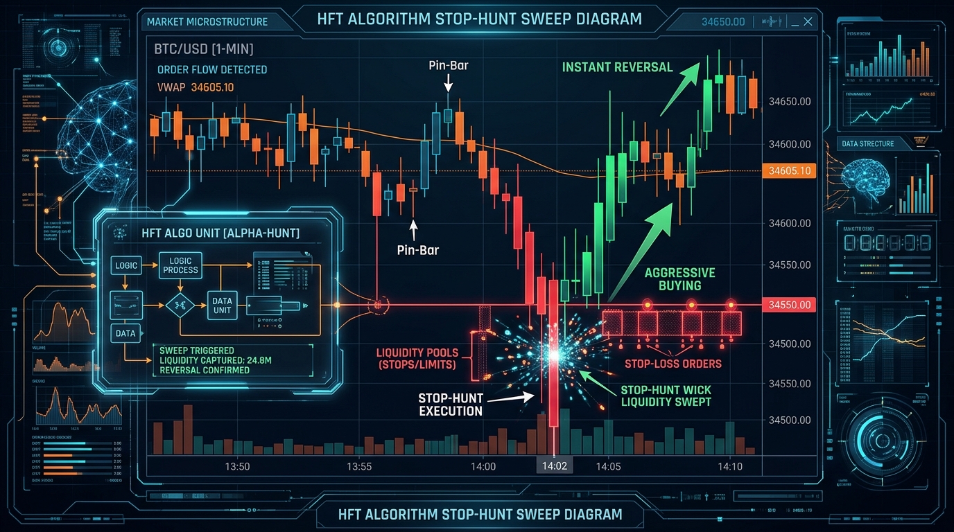 Cơ chế khớp lệnh quét Stop-hunt với cây nến rút râu pin-bar và đảo chiều tức thì