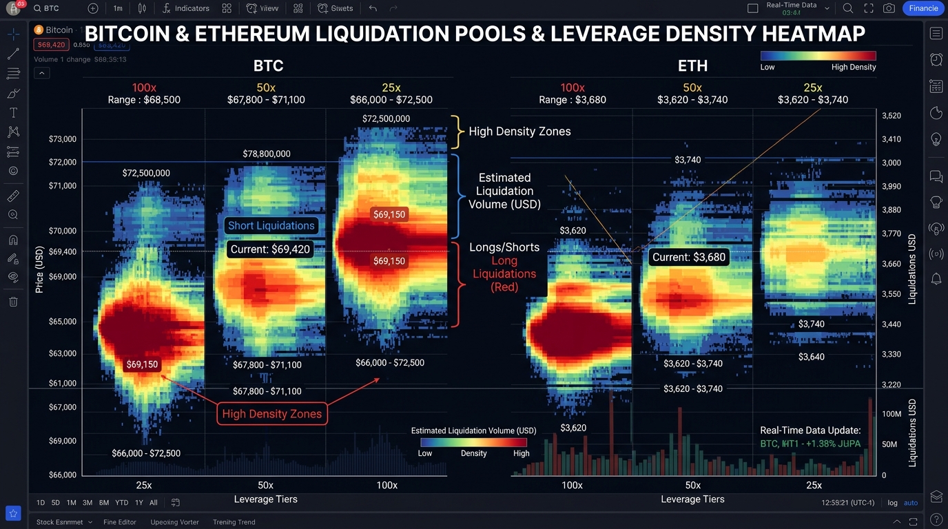 Bản đồ nhiệt mật độ thanh lý các tầng đòn bẩy 25x 50x 100x của Bitcoin và Ethereum