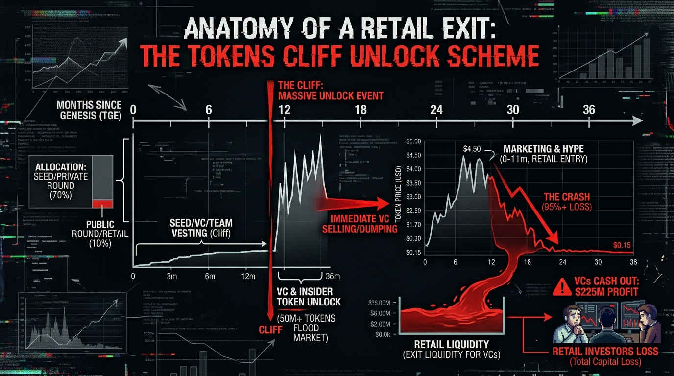 Sơ đồ lịch xả token Cliff Unlock của các quỹ đầu tư mạo hiểm VC lên thanh khoản nhỏ lẻ