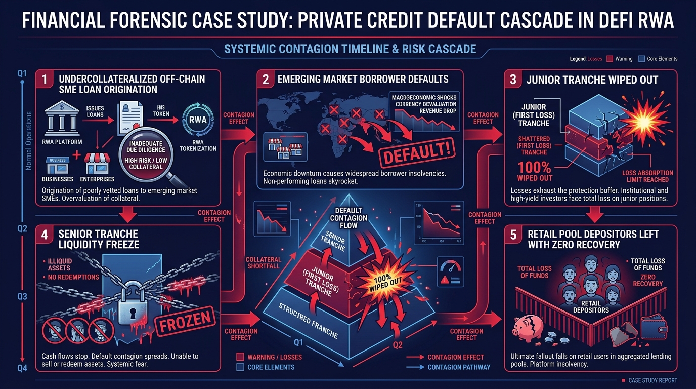 DeFi private credit default cascade and systemic contagion timeline
