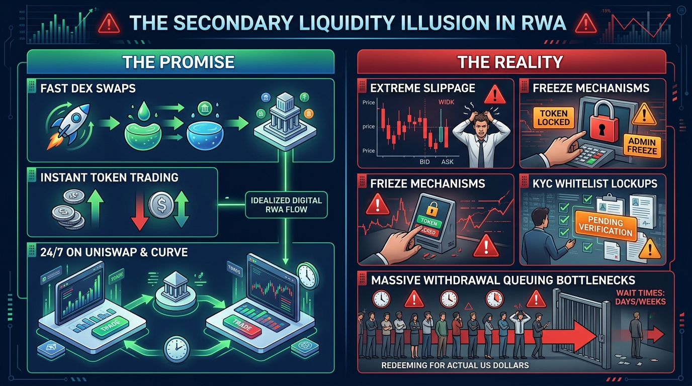 Secondary liquidity illusion on DEX vs off-chain redemption bottlenecks