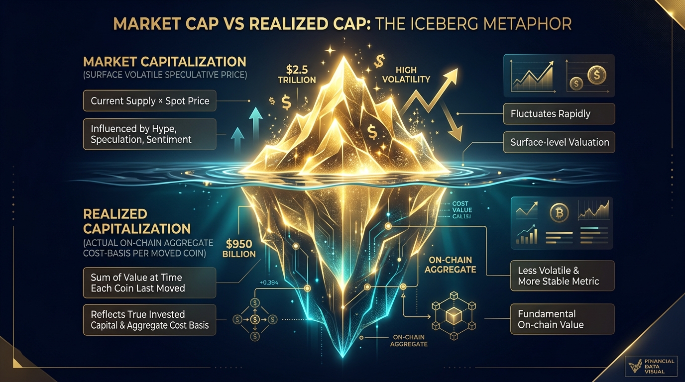 Mô hình ẩn dụ tảng băng trôi so sánh Vốn Hóa Thị Trường và Vốn Hóa Thực Tế Realized Cap
